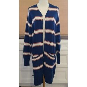 St. Johns Bay Women's XL Cardigan Open Front Large Pockets Blue White Pinstripes